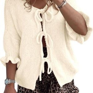 Women’s Cream Tie-Front Knit Cardigan Sweater